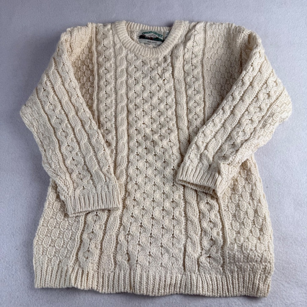 Aran Craft Ireland Women Cream 100% Merino Wool Cable Knit Sweater Size 8-11 Yrs